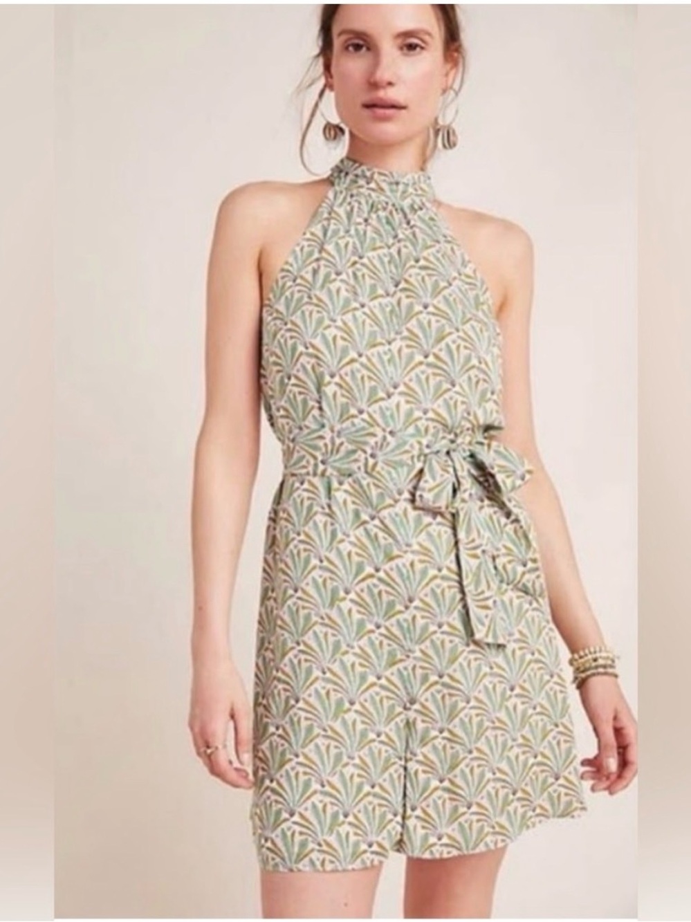 Anthropologie Halter Mini Dress in Sage Green and Cream Fan Print